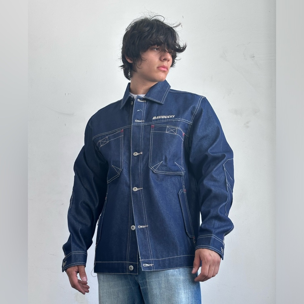 Men's Davoucci Blue | Khaki Stitch Casual Denim Jacket